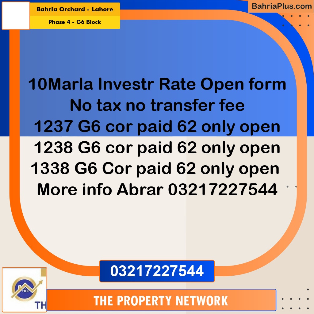 10 Marla Residential Plot for Sale in Phase 4 - G6 Block -  Bahria Orchard, Lahore - (BP-286574)