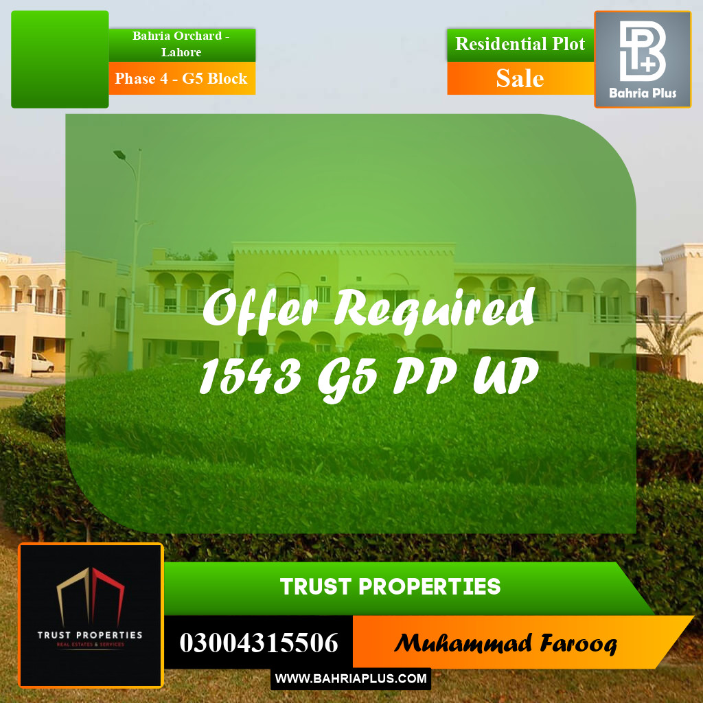 10 Marla Residential Plot for Sale in Phase 4 - G5 Block -  Bahria Orchard, Lahore - (BP-286751)