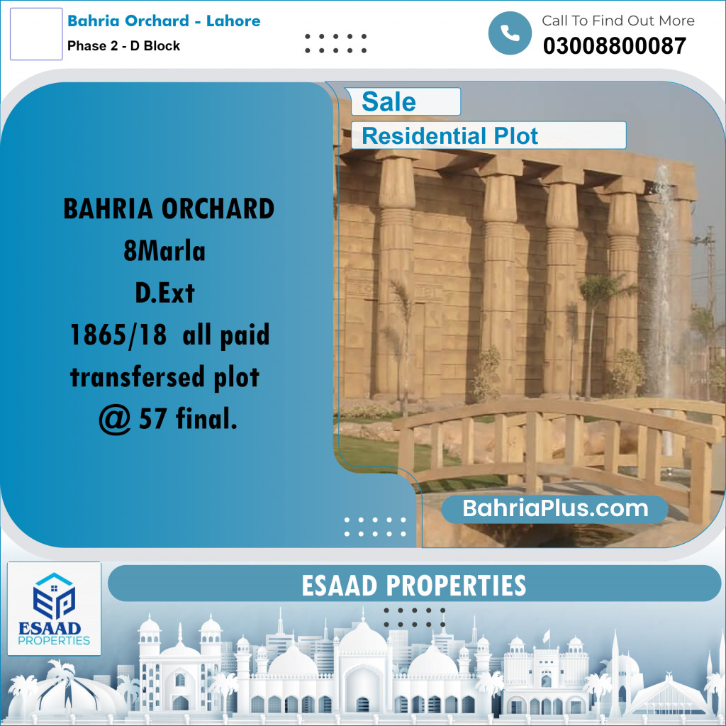 8 Marla Residential Plot for Sale in Phase 2 - D Block -  Bahria Orchard, Lahore - (BP-286755)