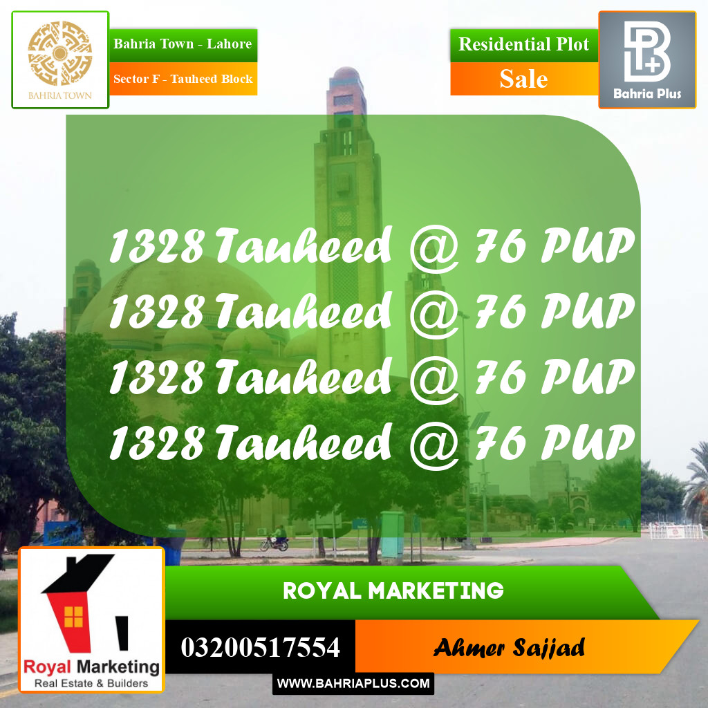 Residential Plot for Sale in Sector F - Tauheed Block -  Bahria Town, Lahore - (BP-287029)