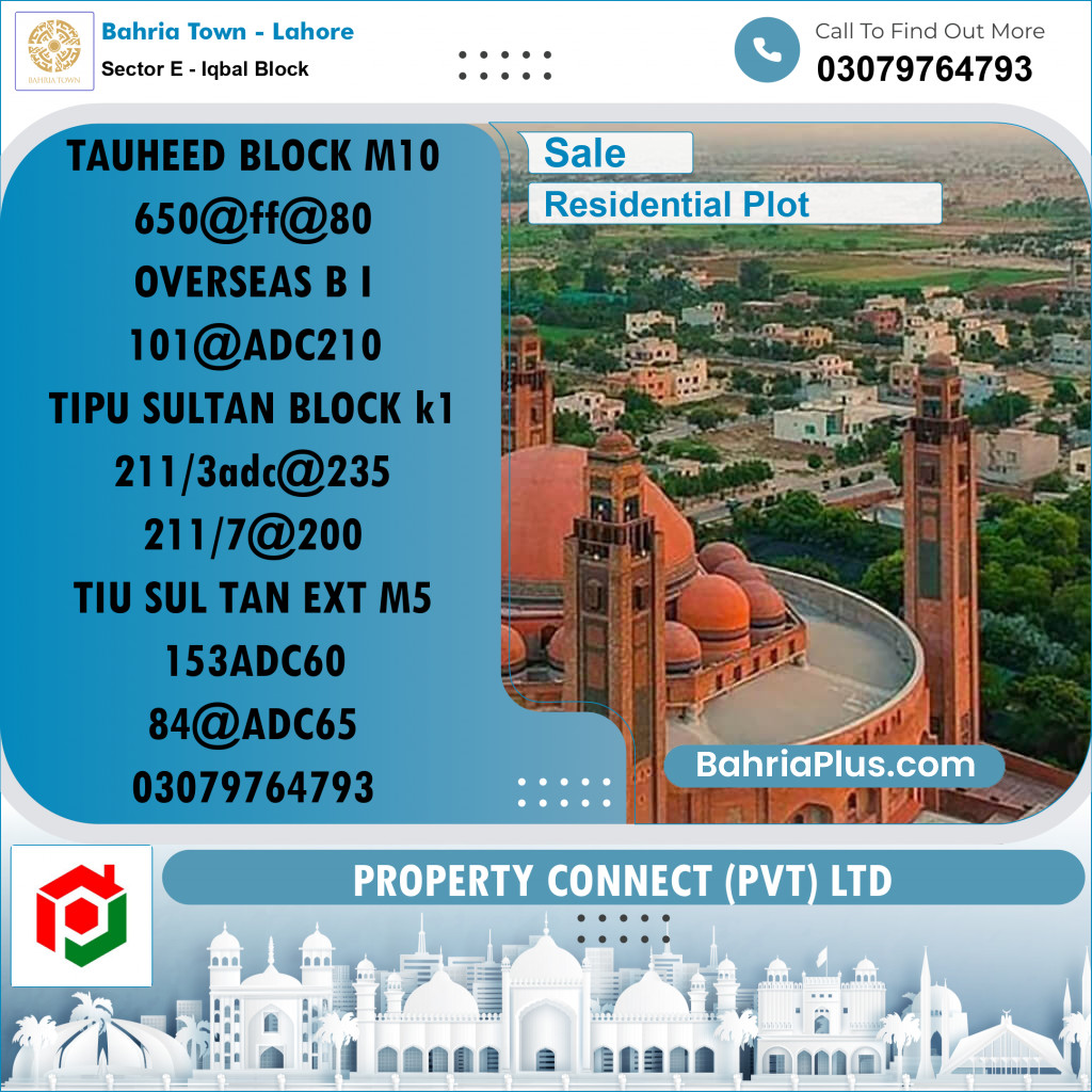 Residential Plot for Sale in Sector E - Iqbal Block - Bahria Town, Lahore - (BP-287079)