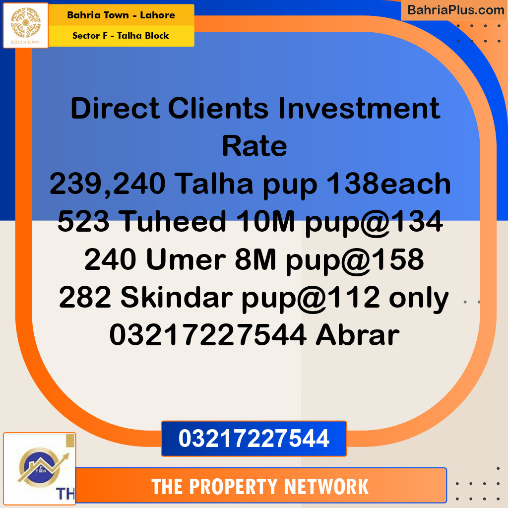 10 Marla Residential Plot for Sale in Sector F - Talha Block -  Bahria Town, Lahore - (BP-287106)