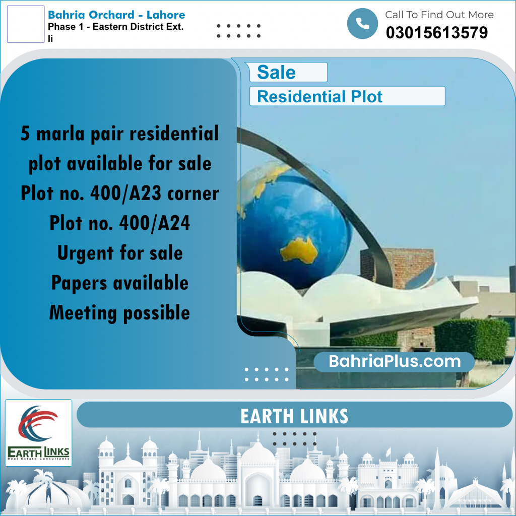 5 Marla Residential Plot for Sale in Phase 1 - Eastern District Ext. II -  Bahria Orchard, Lahore - (BP-287179)