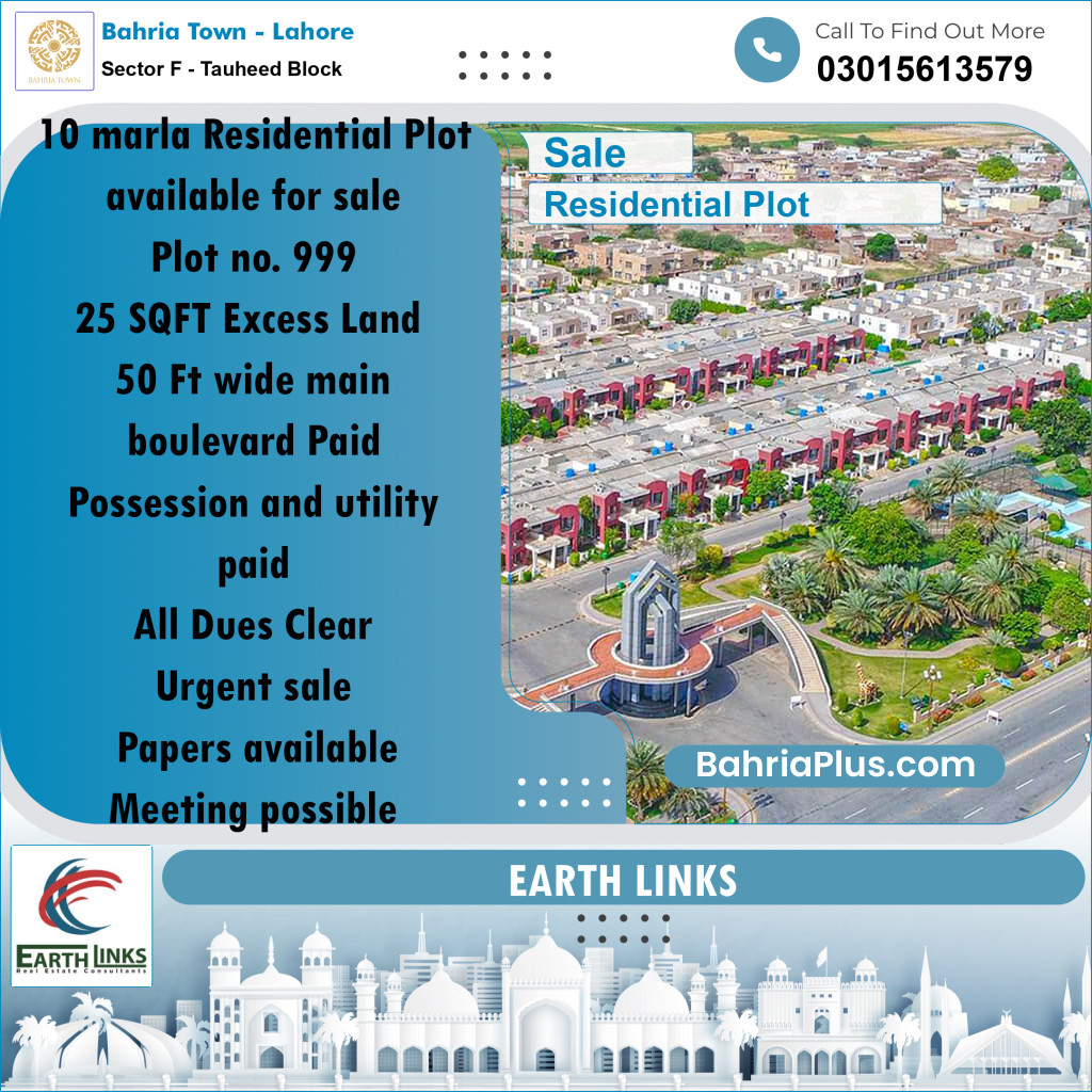 10 Marla Residential Plot for Sale in Sector F - Tauheed Block -  Bahria Town, Lahore - (BP-287252)