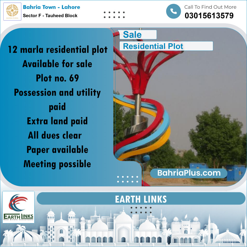 12 Marla Residential Plot for Sale in Sector F - Tauheed Block -  Bahria Town, Lahore - (BP-287253)