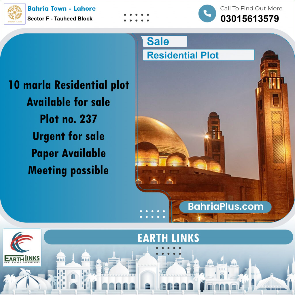 10 Marla Residential Plot for Sale in Sector F - Tauheed Block -  Bahria Town, Lahore - (BP-287255)