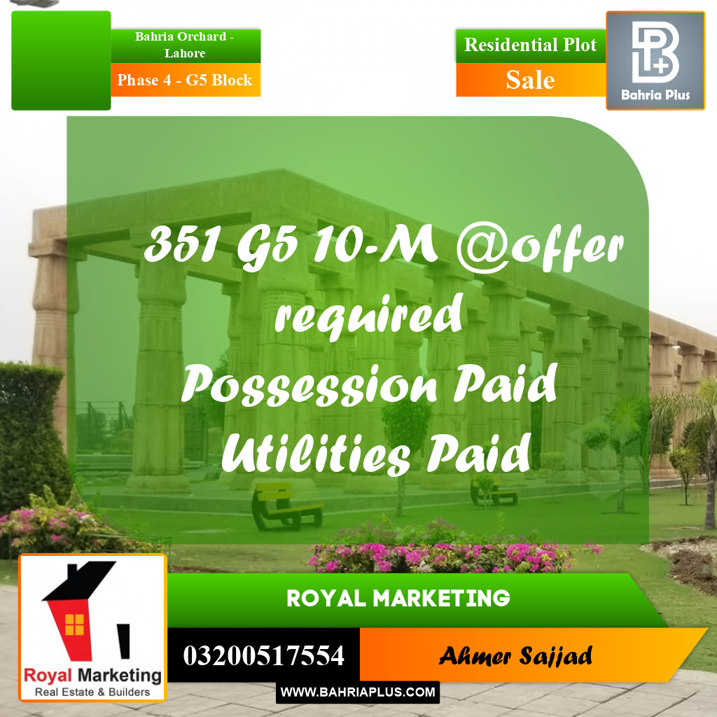 10 Marla Residential Plot for Sale in Phase 4 - G5 Block - Bahria Orchard, Lahore - (BP-287304)