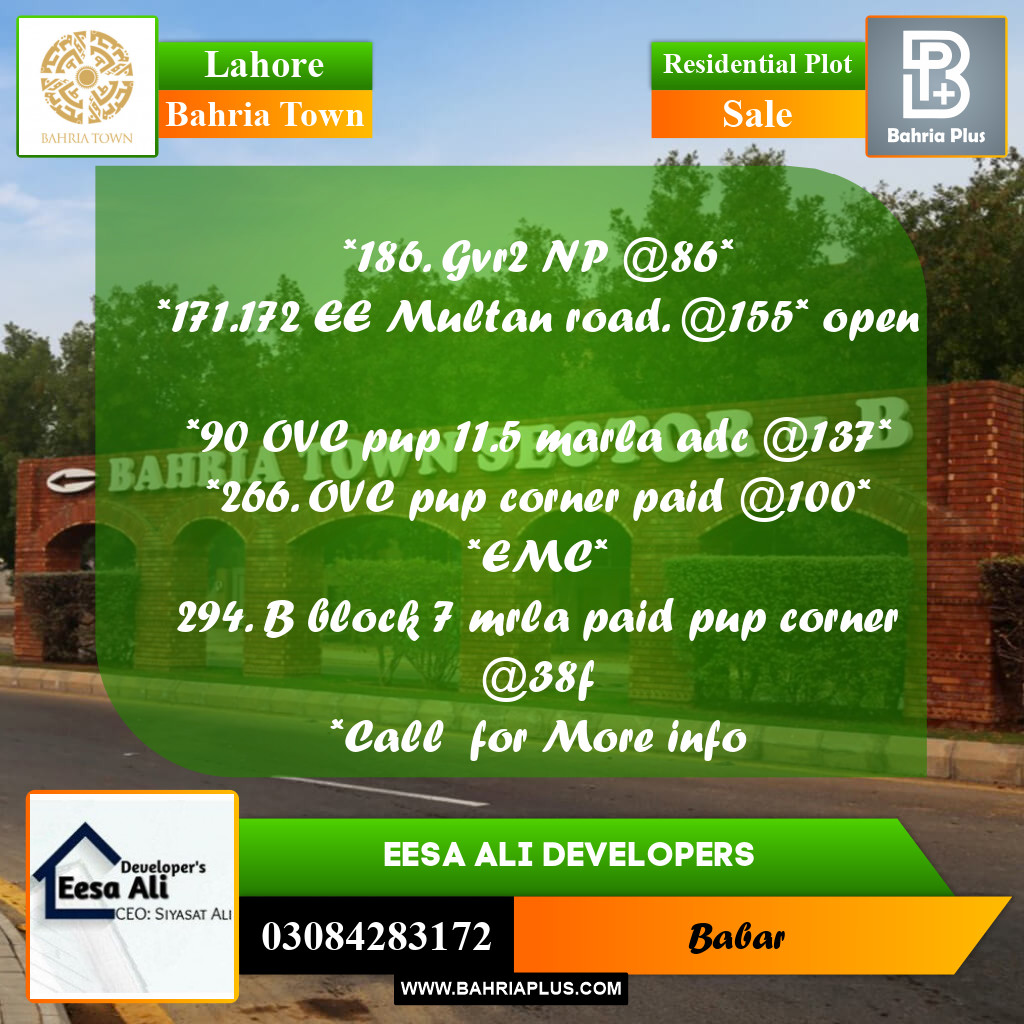 Residential Plot for Sale in Bahria Town, Lahore - (BP-287421)