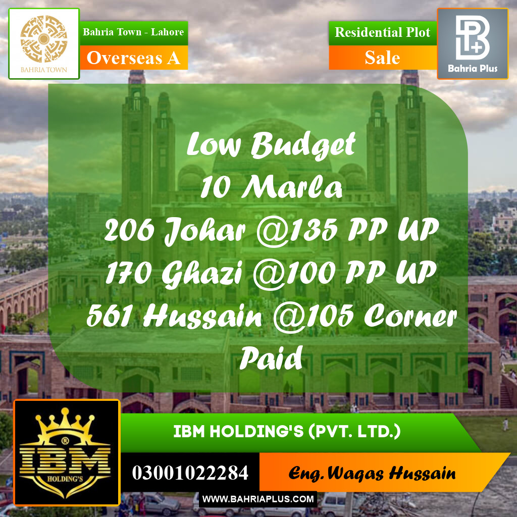 10 Marla Residential Plot for Sale in Overseas A -  Bahria Town, Lahore - (BP-287540)