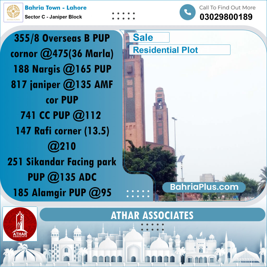 10 Marla Residential Plot for Sale in Sector C - Janiper Block -  Bahria Town, Lahore - (BP-287614)
