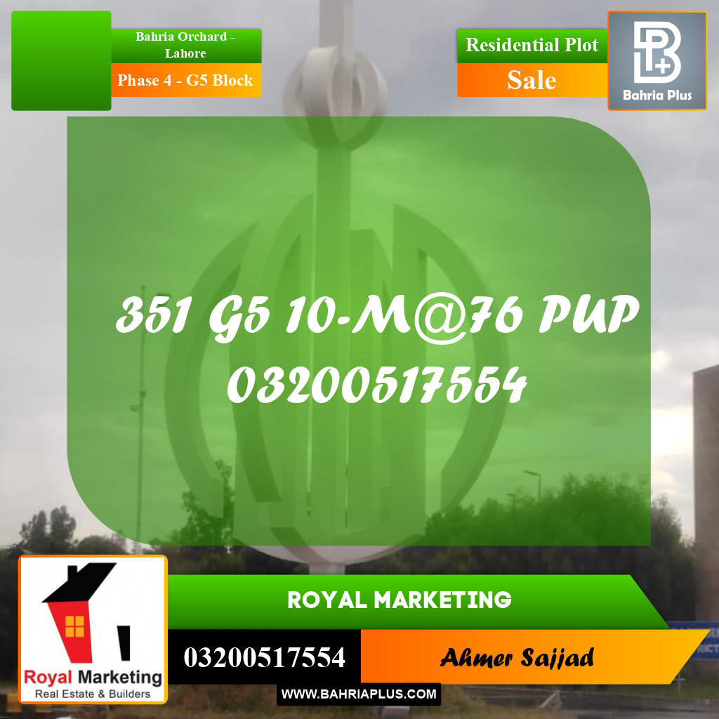 10 Marla Residential Plot for Sale in Phase 4 - G5 Block -  Bahria Orchard, Lahore - (BP-287674)