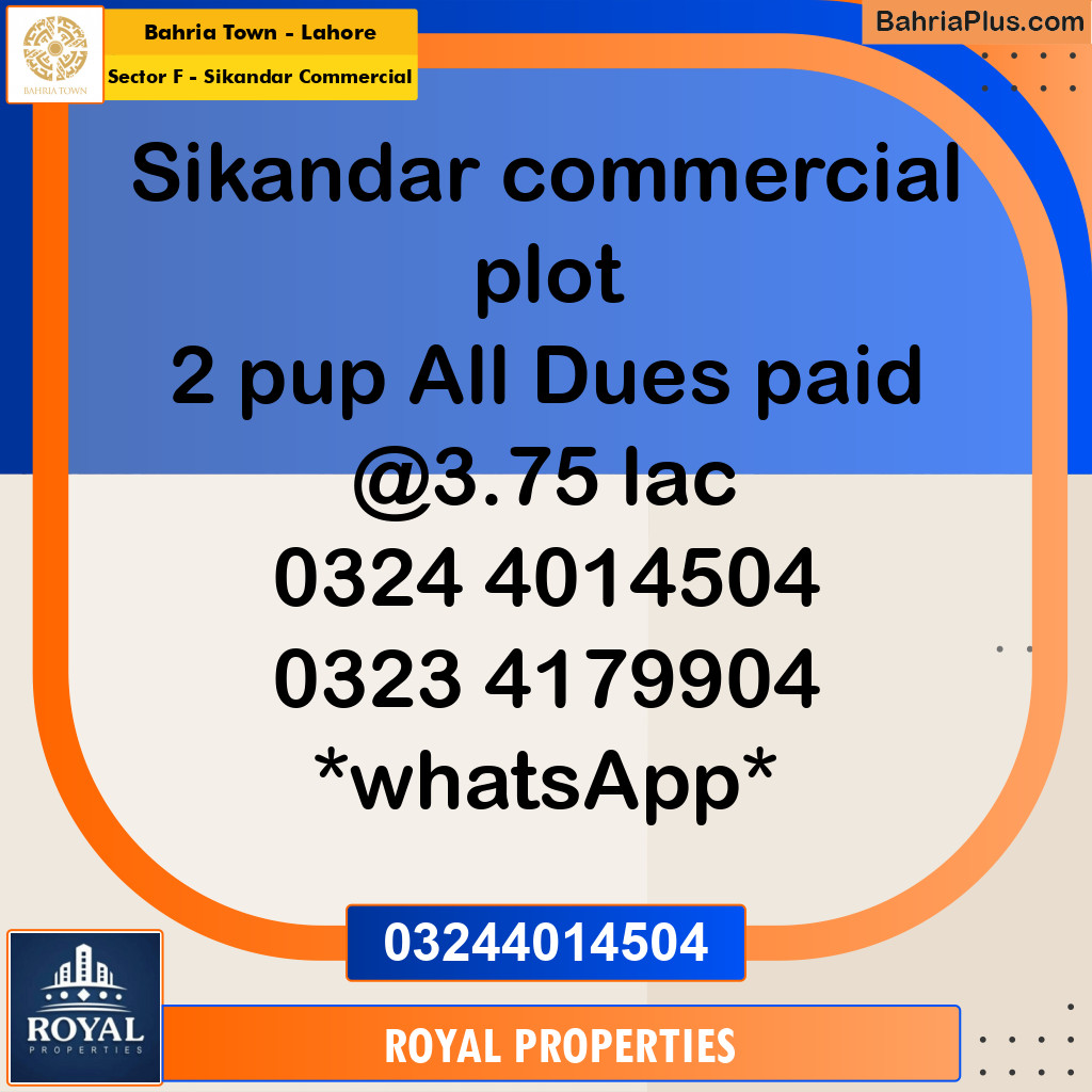 Commercial Plot for Sale in Sector F - Sikandar Commercial -  Bahria Town, Lahore - (BP-287704)