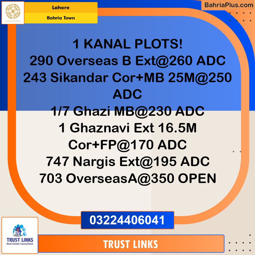 1 Kanal Residential Plot for Sale in Bahria Town, Lahore - (BP-287724)