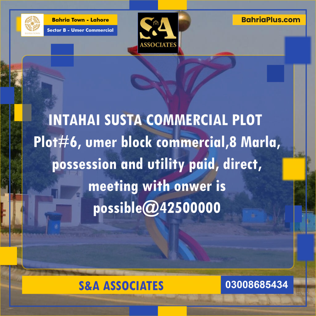 8 Marla Commercial Plot for Sale in Sector B - Umer Commercial -  Bahria Town, Lahore - (BP-287895)