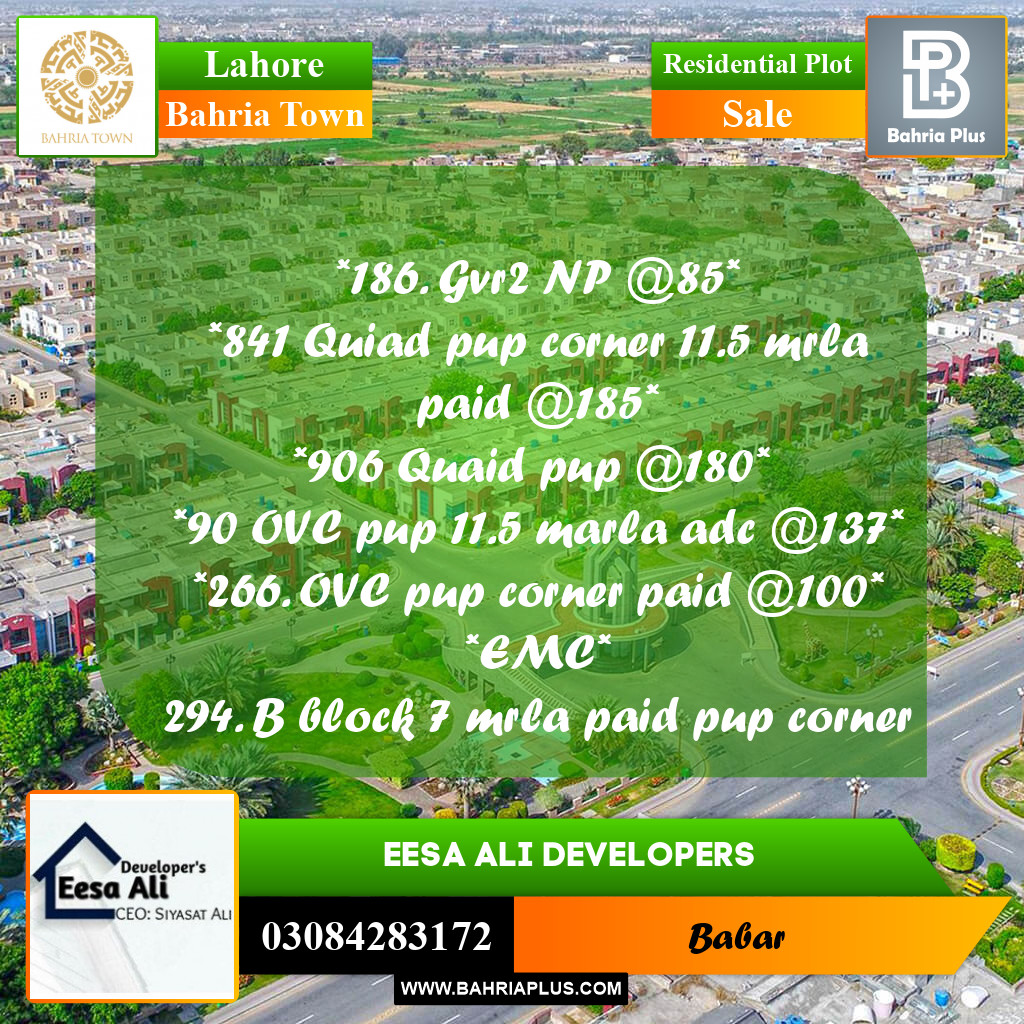 Residential Plot for Sale in Bahria Town, Lahore - (BP-287909)