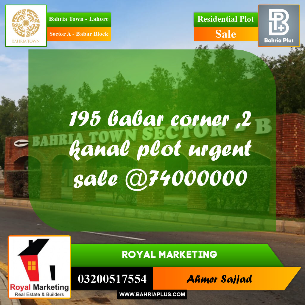 2 Kanal Residential Plot for Sale in Sector A - Babar Block -  Bahria Town, Lahore - (BP-287930)