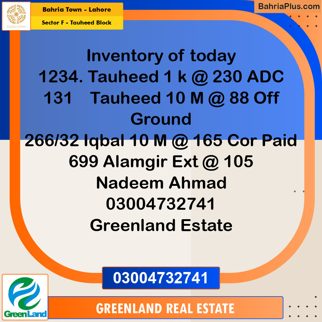 1 Kanal Residential Plot for Sale in Sector F - Tauheed Block -  Bahria Town, Lahore - (BP-288010)