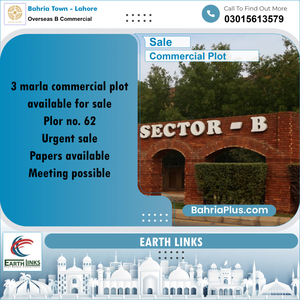 3 Marla Commercial Plot for Sale in Overseas B Commercial -  Bahria Town, Lahore - (BP-288051)