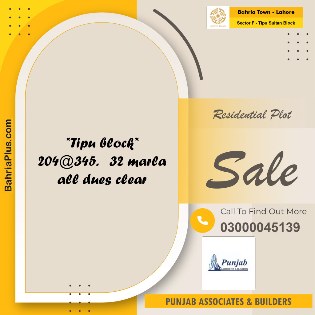 32 Marla Residential Plot for Sale in Sector F - Tipu Sultan Block -  Bahria Town, Lahore - (BP-288160)