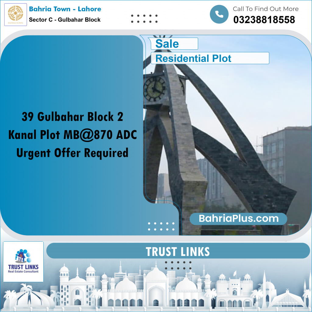 2 Kanal Residential Plot for Sale in Sector C - Gulbahar Block -  Bahria Town, Lahore - (BP-288181)