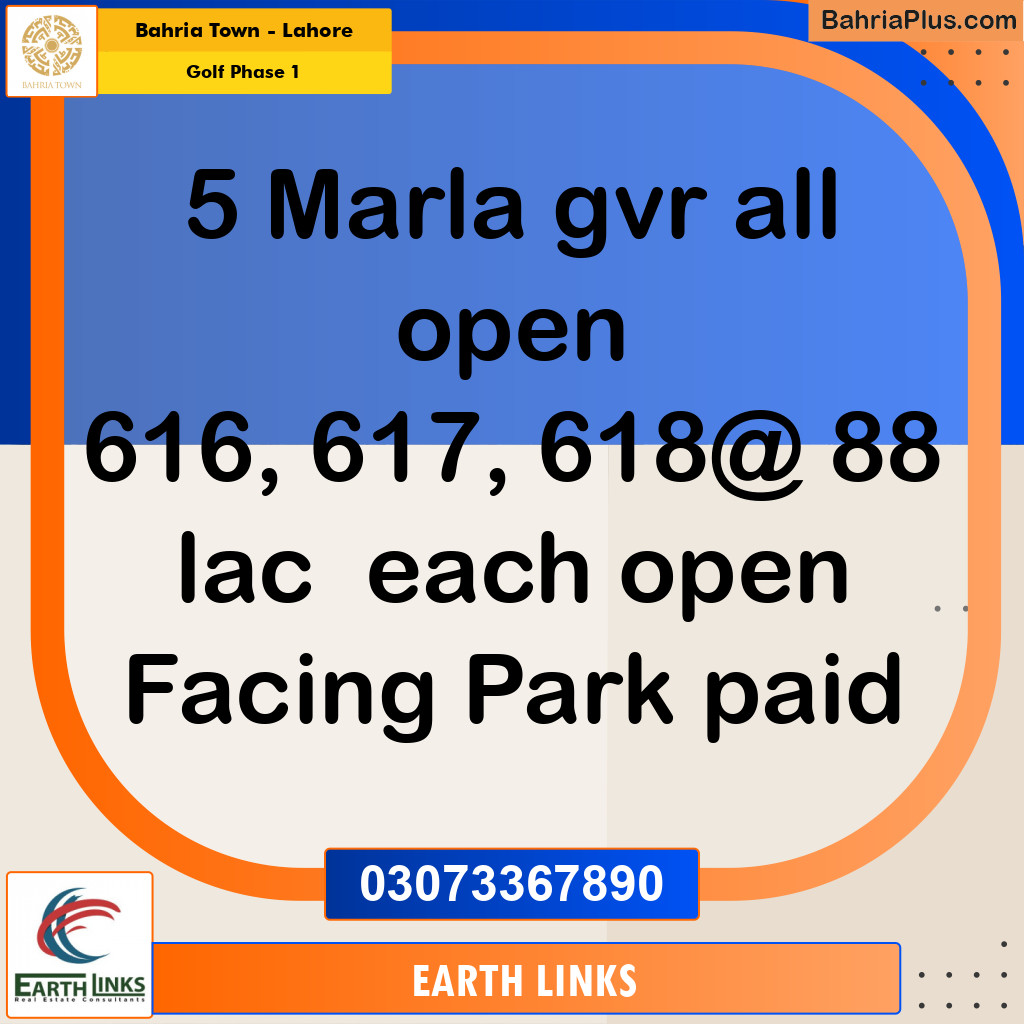 5 Marla Residential Plot for Sale in Golf Phase 1 -  Bahria Town, Lahore - (BP-288286)