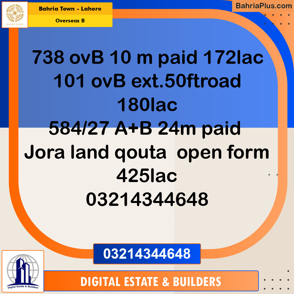 10 Marla Residential Plot for Sale in Overseas B -  Bahria Town, Lahore - (BP-288296)