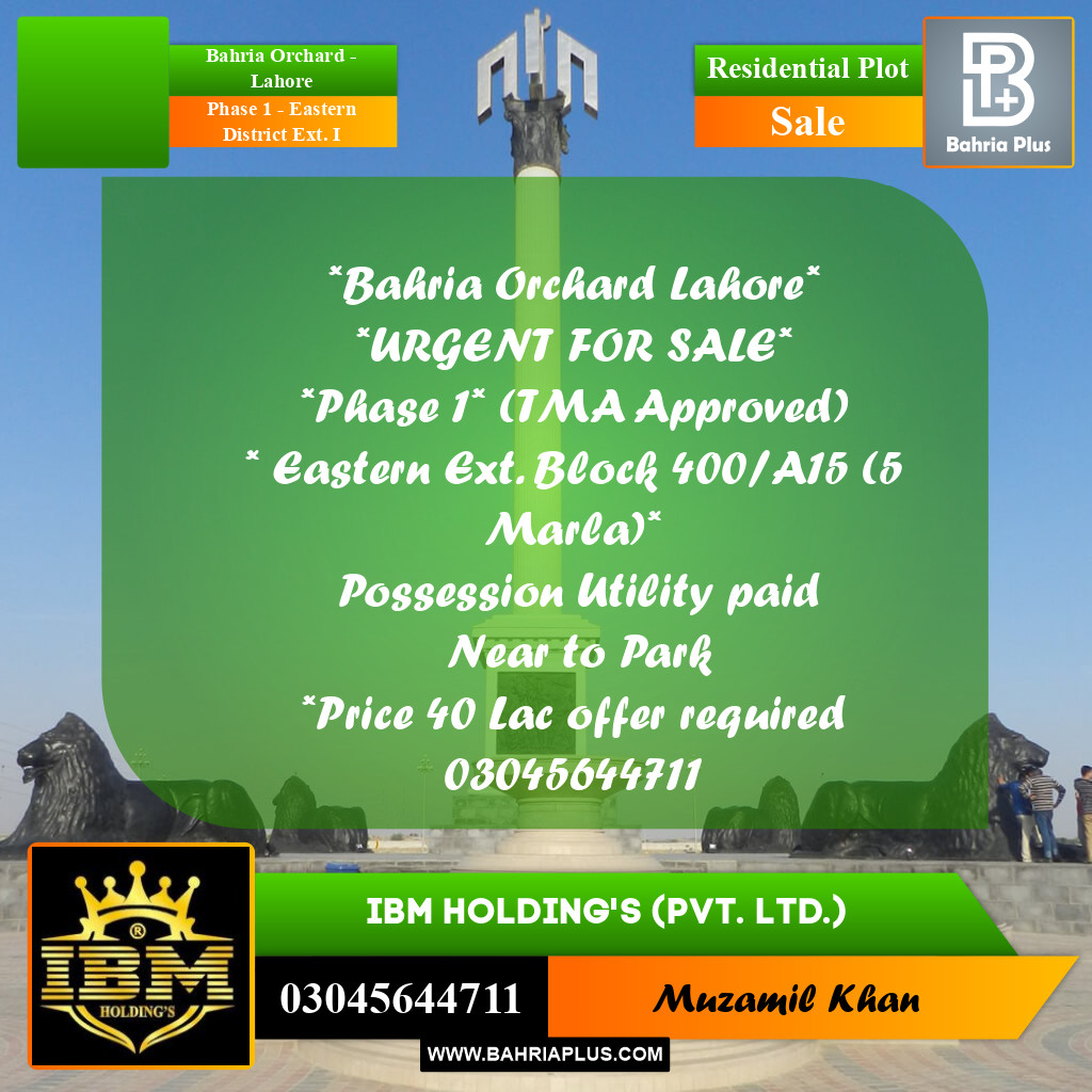 5 Marla Residential Plot for Sale in Phase 1 - Eastern District Ext. I -  Bahria Orchard, Lahore - (BP-288345)