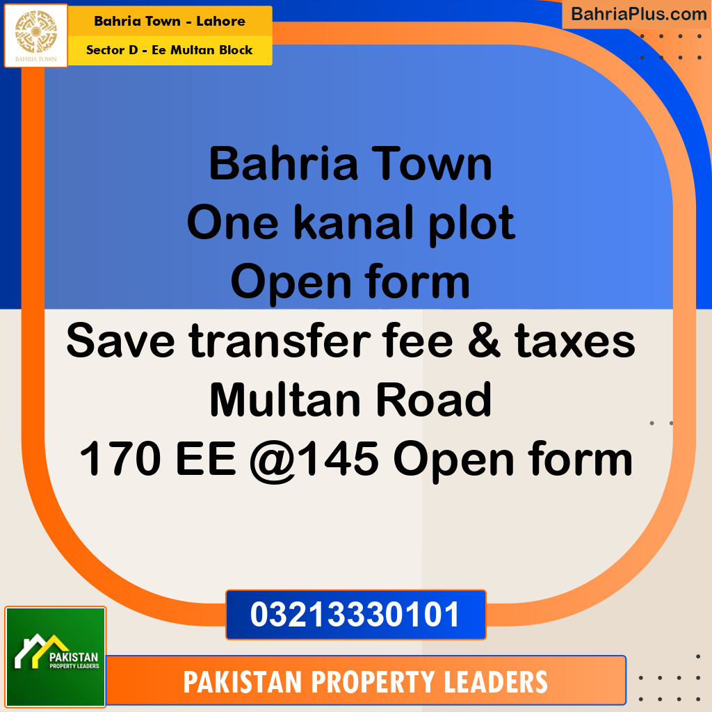 1 Kanal Residential Plot for Sale in Sector D - EE Multan Block -  Bahria Town, Lahore - (BP-288348)