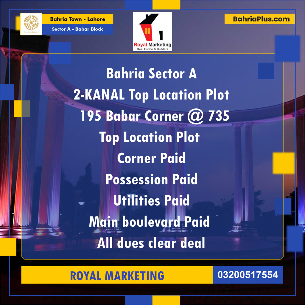 2 Kanal Residential Plot for Sale in Sector A - Babar Block -  Bahria Town, Lahore - (BP-288652)