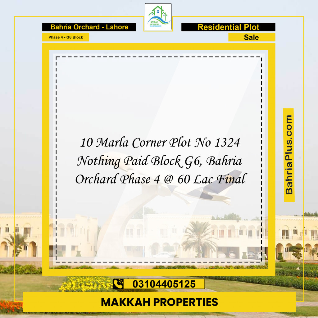 10 Marla Residential Plot for Sale in Phase 4 - G6 Block -  Bahria Orchard, Lahore - (BP-288714)