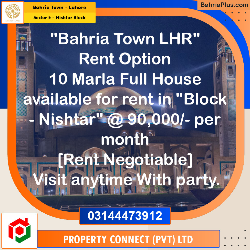 10 Marla Residential House for Rent in Sector E - Nishtar Block -  Bahria Town, Lahore - (BP-288728)