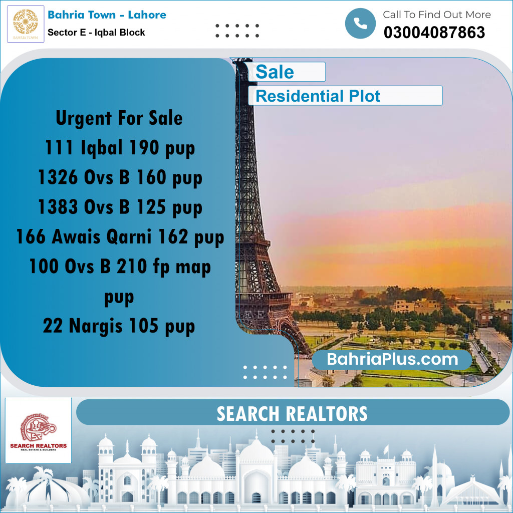 10 Marla Residential Plot for Sale in Sector E - Iqbal Block -  Bahria Town, Lahore - (BP-288775)