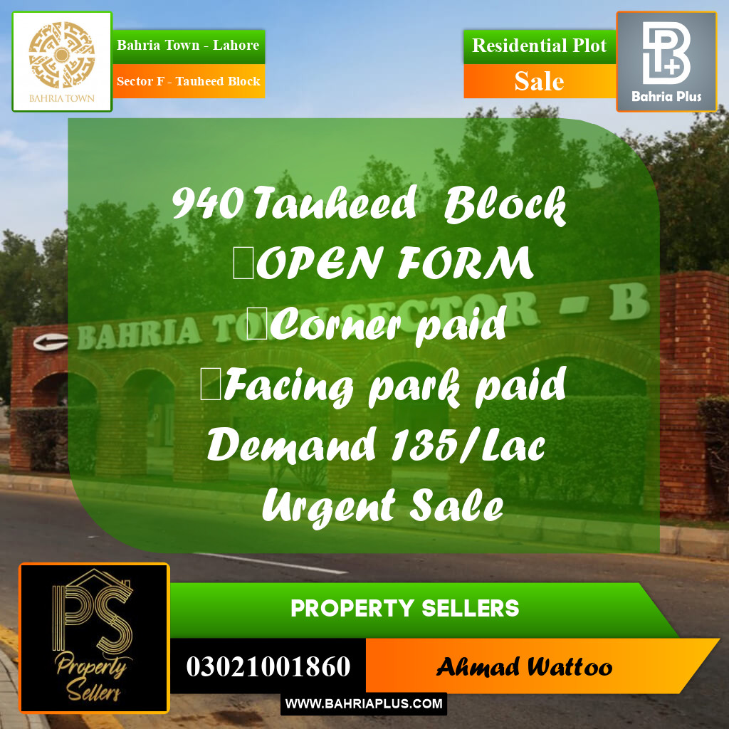 10 Marla Residential Plot for Sale in Sector F - Tauheed Block -  Bahria Town, Lahore - (BP-288776)