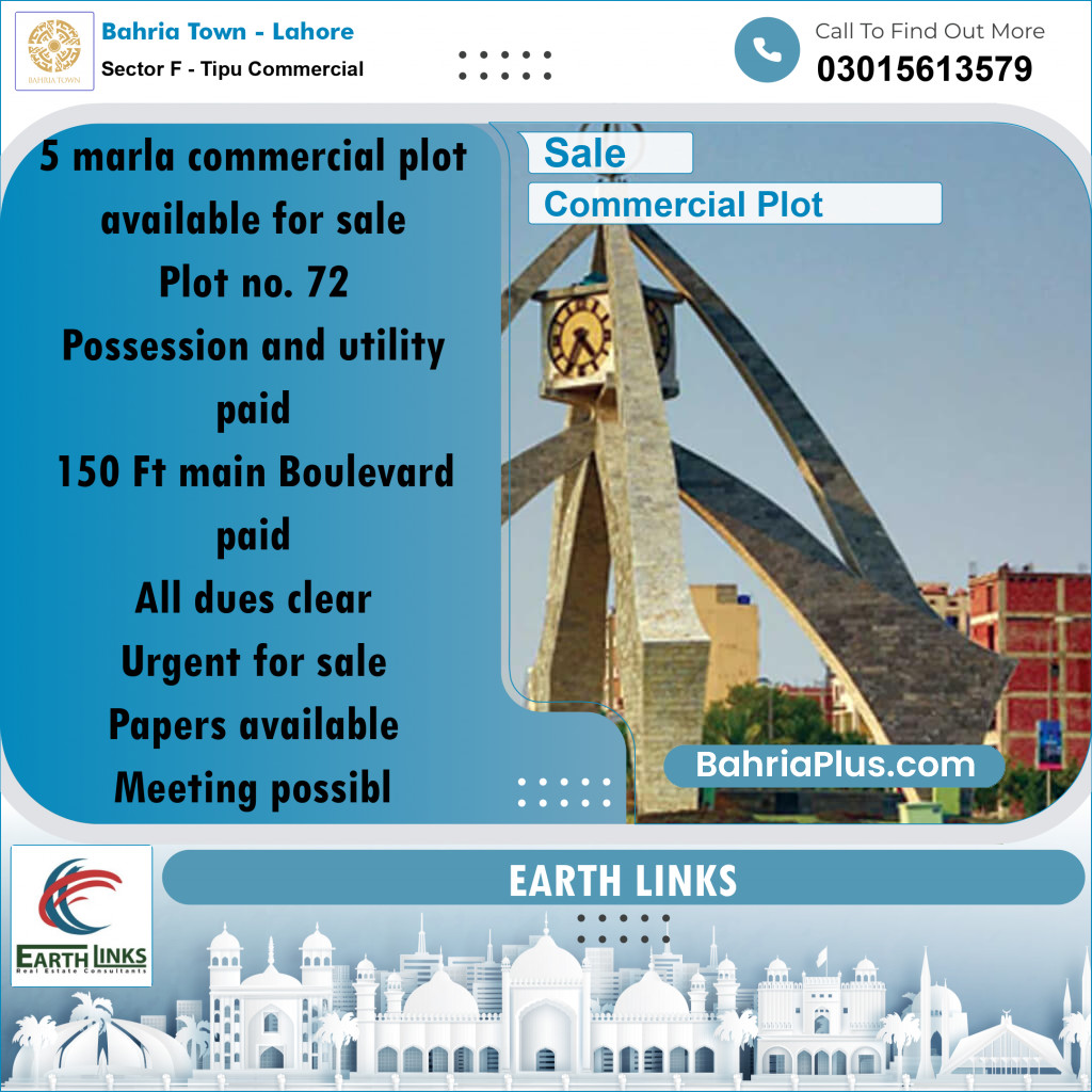 5 Marla Commercial Plot for Sale in Sector F - Tipu Commercial -  Bahria Town, Lahore - (BP-288853)