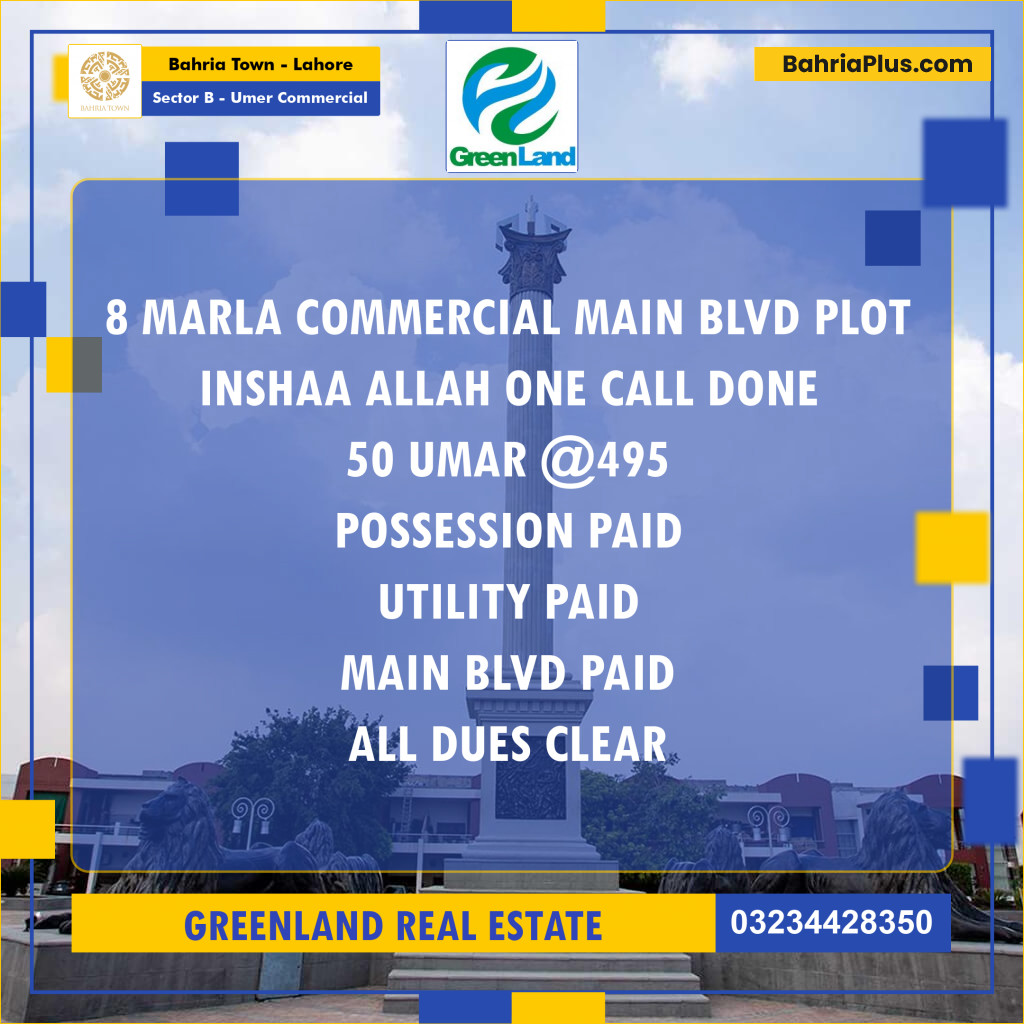 8 Marla Commercial Plot for Sale in Sector B - Umer Commercial -  Bahria Town, Lahore - (BP-288912)