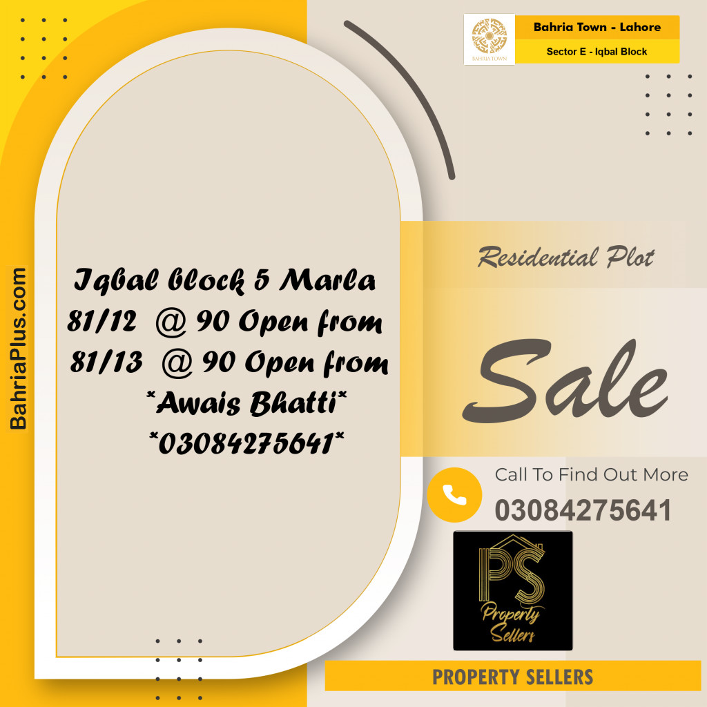 5 Marla Residential Plot for Sale in Sector E - Iqbal Block -  Bahria Town, Lahore - (BP-289092)