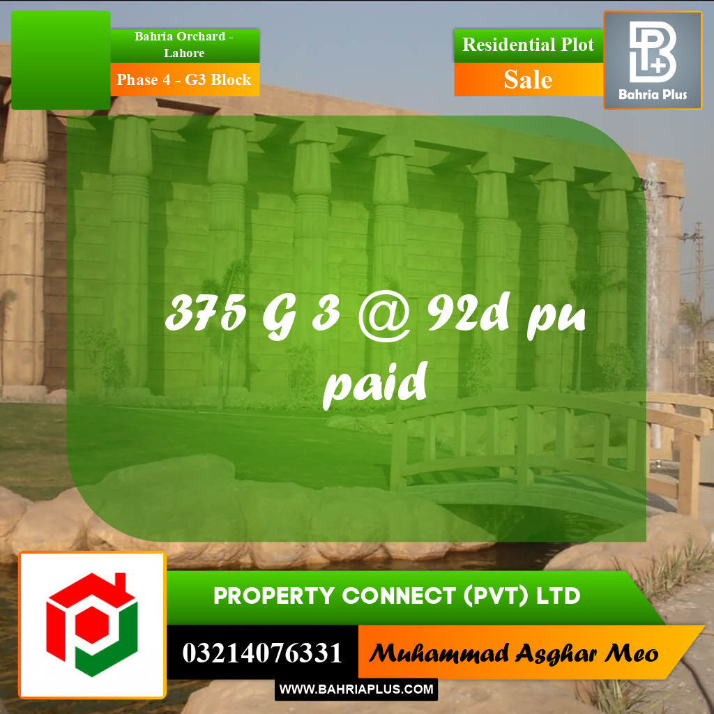 10 Marla Residential Plot for Sale in Phase 4 - G3 Block -  Bahria Orchard, Lahore - (BP-289098)