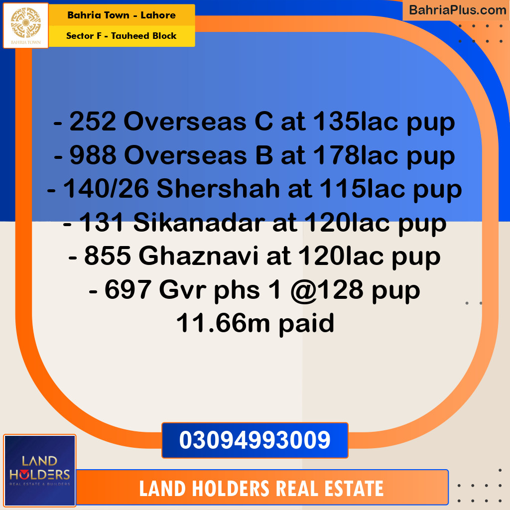 Residential Plot for Sale in Sector F - Tauheed Block -  Bahria Town, Lahore - (BP-289161)