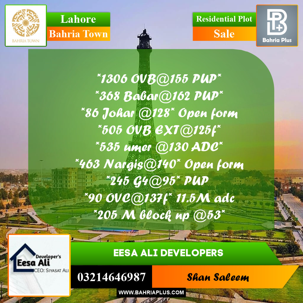 Residential Plot for Sale in Bahria Town, Lahore - (BP-289231)