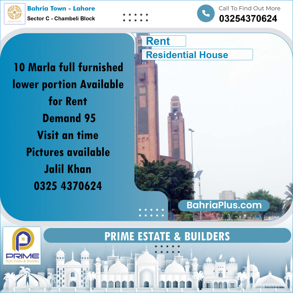 10 Marla Residential House for Rent in Sector C - Chambeli Block -  Bahria Town, Lahore - (BP-289254)