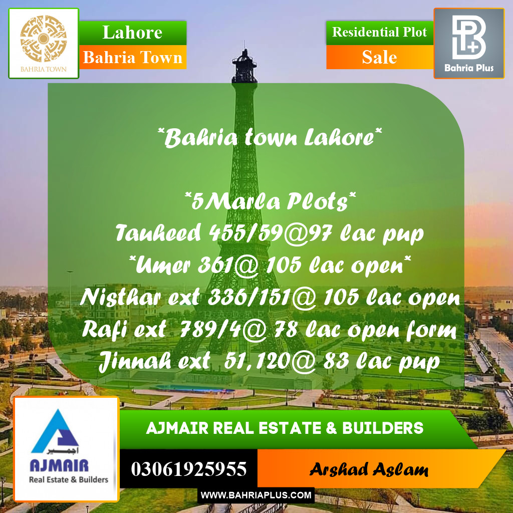 5 Marla Residential Plot for Sale in Bahria Town, Lahore - (BP-289273)