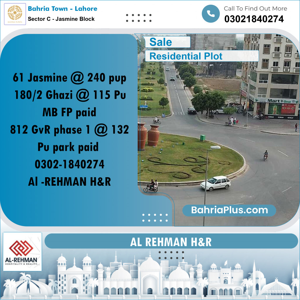 10 Marla Residential Plot for Sale in Sector C - Jasmine Block -  Bahria Town, Lahore - (BP-289318)