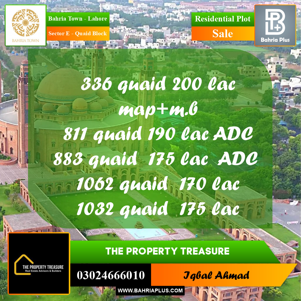10 Marla Residential Plot for Sale in Sector E - Quaid Block -  Bahria Town, Lahore - (BP-289326)