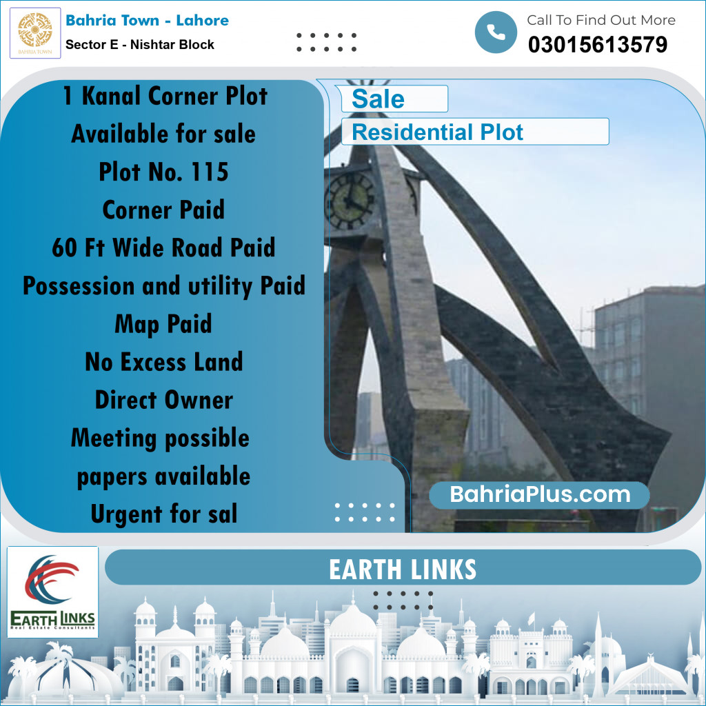 20 Marla Residential Plot for Sale in Sector E - Nishtar Block -  Bahria Town, Lahore - (BP-289356)