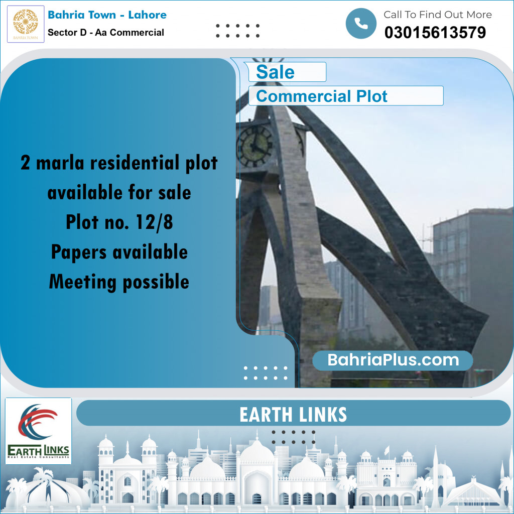2 Marla Commercial Plot for Sale in Sector D - AA Commercial -  Bahria Town, Lahore - (BP-289422)