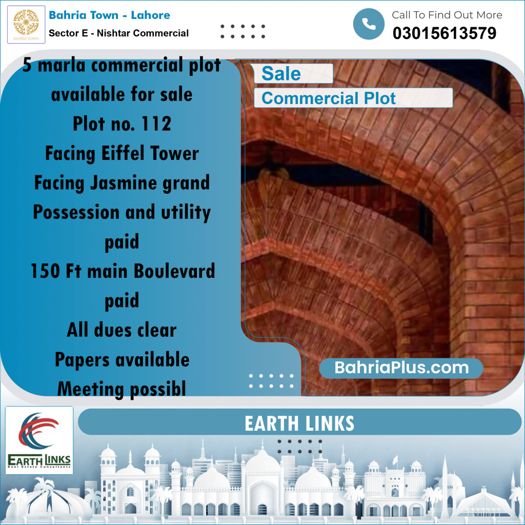 5 Marla Commercial Plot for Sale in Sector E - Nishtar Commercial -  Bahria Town, Lahore - (BP-289424)