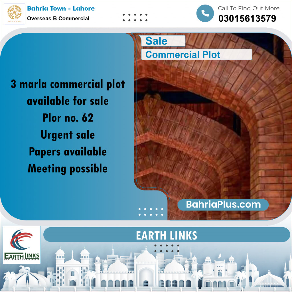 3 Marla Commercial Plot for Sale in Overseas B Commercial -  Bahria Town, Lahore - (BP-289426)