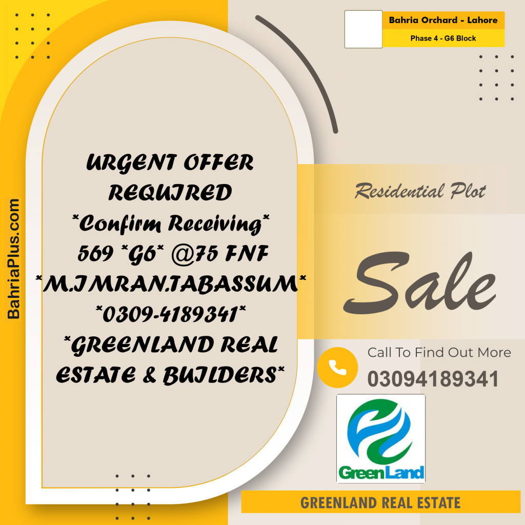 10 Marla Residential Plot for Sale in Phase 4 - G6 Block -  Bahria Orchard, Lahore - (BP-289476)