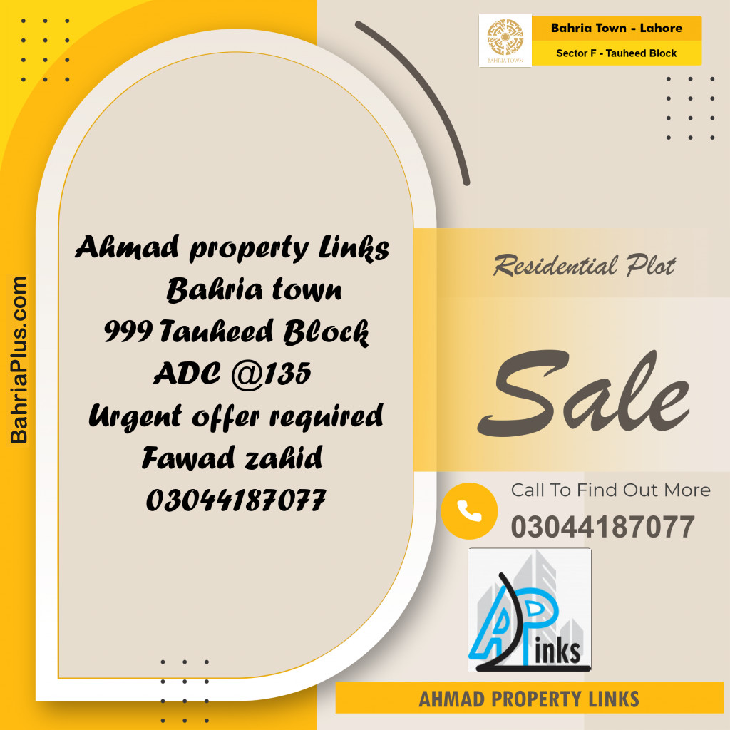 10 Marla Residential Plot for Sale in Sector F - Tauheed Block -  Bahria Town, Lahore - (BP-289556)