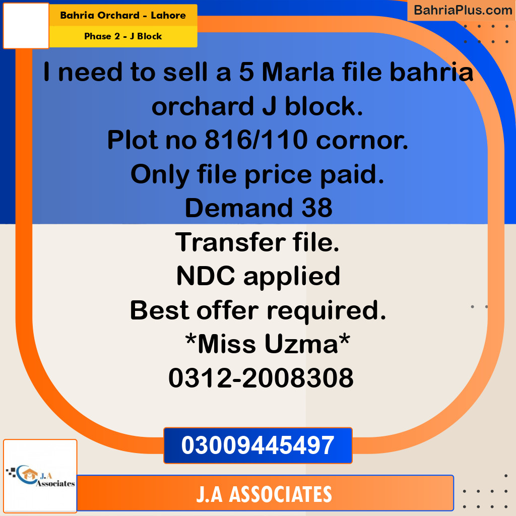 5 Marla Residential Plot for Sale in Phase 2 - J Block -  Bahria Orchard, Lahore - (BP-289739)